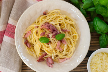 Classic Spaghetti alla carbonara pasta with lardons