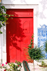 Fototapeta na wymiar Red door on a sunny day