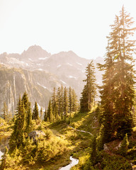sunset over alpine mountain pond