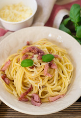 Classic Spaghetti alla carbonara pasta with lardons