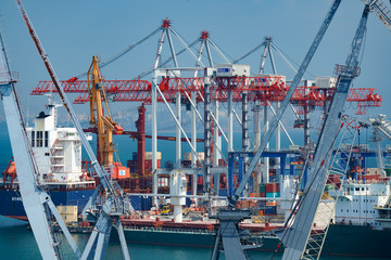 Industrial port in Odessa city, Ukraine, May 4, 2019 - Infrastructure of seaport