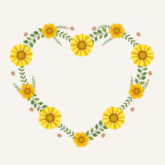 Floral greeting card and invitation template for wedding or birthday anniversary, Vector heart shape of text box label and frame, Yellow flowers wreath ivy style with branch and leaves.