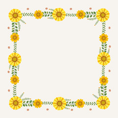 Obraz premium Floral greeting card and invitation template for wedding or birthday anniversary, Vector square shape of text box label and frame, Yellow flowers wreath ivy style with branch and leaves.
