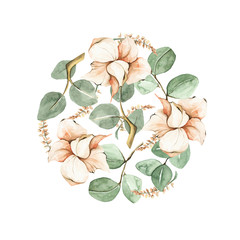 Watercolor round clipart of magical flowers and leaves. Tropical plants. Ideal for cards, stationery or logo