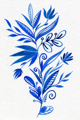 Blue fantasy exotic branch with leaves.Spring delicate watercolor flowers for wedding greeting card.