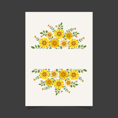 Common size of floral greeting card and invitation template for wedding or birthday anniversary, Vector shape of text box label and frame, Yellow flowers wreath ivy style with branch and leaves.