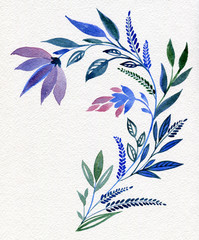 Colorful branch with leaves. Ornate watercolor flowers for wedding invitations, greeting cards, blogs, posters. Delicate decorative illustration.
