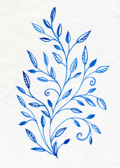 Floral watercolor hand drawn blue color leaves, fern greenery forest herbs, plants. Delicate wedding decorative illustration.