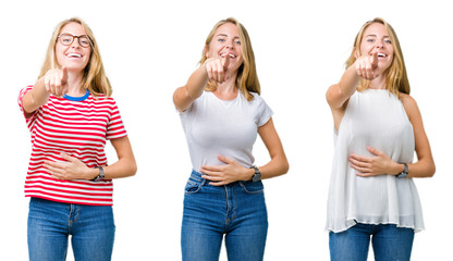 Collage of beautiful blonde woman over white isolated background Laughing of you, pointing to the camera with finger hand over chest, shame expression