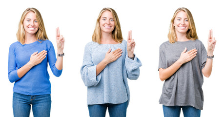 Collage of beautiful blonde woman over white isolated background Swearing with hand on chest and fingers, making a loyalty promise oath