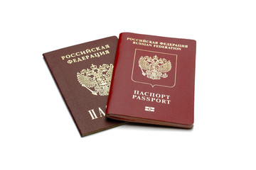 Two red Russian passports on a white background. Isolated 