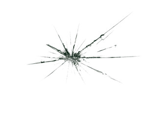 Broken glass. A split in a transparent window. Illustration of the crack. Glass cracks on a white background texture