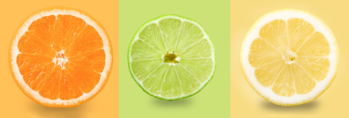 Obraz premium Citrus fruit. Orange, lemon, lime. Slices isolated on a colored background. Collection.