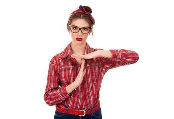 Woman showing time out pause with hands