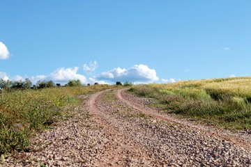 Camino con cielo azul con nubes y árboles en el fonfo