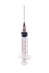 medical syringe with a long needle for the treatment of diseases and beauty shots on a white background