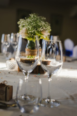 Wine glass with dining set prepare dinner on table in restaurant and cafe