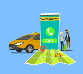 Public taxi mobile application concept. Hand holding smart phone with taxi app on display. Urban taxi service. Flat vector illustration.