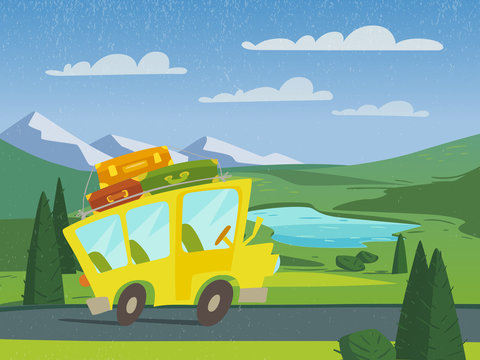 Vector summer poster nature landscape background with yellow bus.