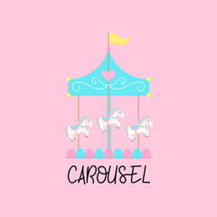 Merry go round, carousel with horses, vector graphic illustration icon with writing. Isolated on light pink background.