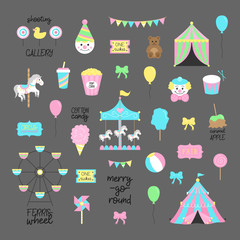 Fair, carnival, circus vector illustrations collection. Amusement park graphic hand drawn icons of carousel, wheel, circus tent, funfair food. Isolated on grey background.