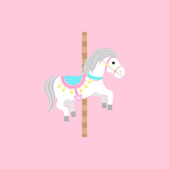 Merry go round, carousel white horse on pole, vector graphic illustration icon. Isolated on light pink background.