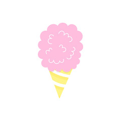 Pink cotton candy vector graphic illustration. Candy floss in yellow striped cone, icon. Isolated.