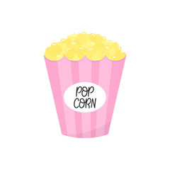 Popcorn vector graphic illustration. Pink striped paper box full of popcorn. Isolated. 
