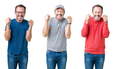 Collage of handsome senior man over white isolated background excited for success with arms raised celebrating victory smiling. Winner concept.