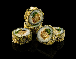 Set sushi roll. Traditional Japanese cuisine. Isolated on black background