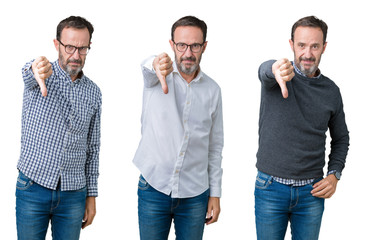 Collage of handsome senior business man over white isolated background looking unhappy and angry showing rejection and negative with thumbs down gesture. Bad expression.