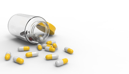 Capsule Pills Color Yellow  spilling out of pill bottle isolated on white background - 3D rendering