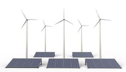 Eco power ,  Renewable energy , Wind turbine farm and solar cell panels isolated on white Background - 3D rendering © guguart