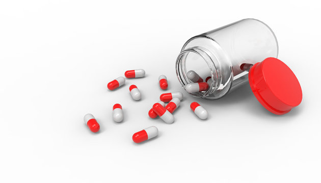 Capsule Pills ColorRed spilling out of pill bottle isolated on white background - 3D rendering