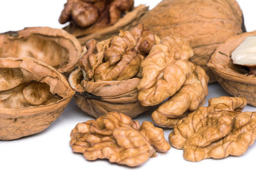 Group of peeled walnut kernels isolated on white background.