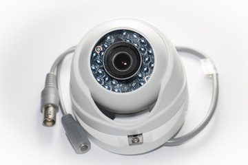 CCTV View of a white dome security camera isolated on white background 