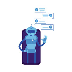 Vector smiling chat bot waving hand phone screen