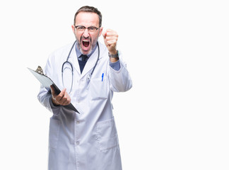 Middle age senior hoary doctor man holding clipboard over isolated background annoyed and frustrated shouting with anger, crazy and yelling with raised hand, anger concept