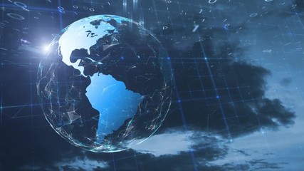 Shiny abstract 3d Earth globe with computer binary numbers on cloudy time lapse sky background. - Powered by Adobe