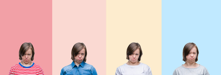 Collage of down syndrome woman over colorful stripes isolated background skeptic and nervous, frowning upset because of problem. Negative person.