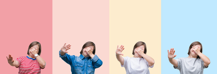 Collage of down syndrome woman over colorful stripes isolated background covering eyes with hands and doing stop gesture with sad and fear expression. Embarrassed and negative concept.