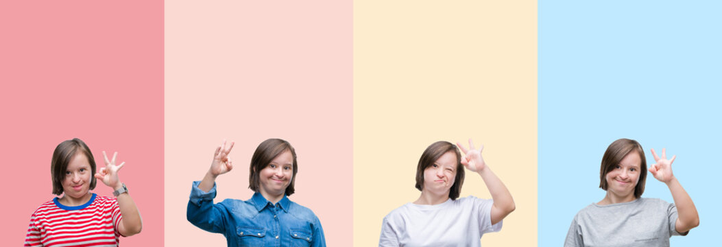 Collage of down syndrome woman over colorful stripes isolated background smiling positive doing ok sign with hand and fingers. Successful expression.