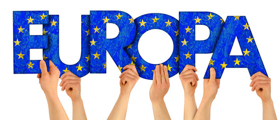 people arms hands holding up wooden letter lettring forming german word Europa(english translation: Europe) in european union national flag colors  travel elections concept isolated whitbackground