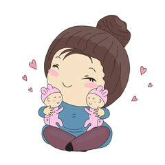 Young mother and her little twins on a white background. Illustration.