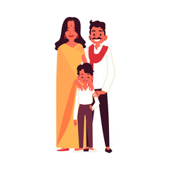 Indian family with son in traditional clothes standing together cartoon style