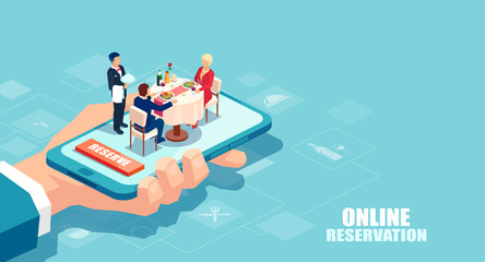 Vector of a hand holding a smartphone with couple dining and waiter serving a table.