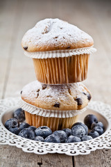 Two homemade fresh muffins with sugar powder and blueberries on white plate on rustic wooden table.