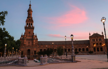 Spain Square-Plaza de Espana at sunrise, Public Maria Luisa Park, Seville, Spain.