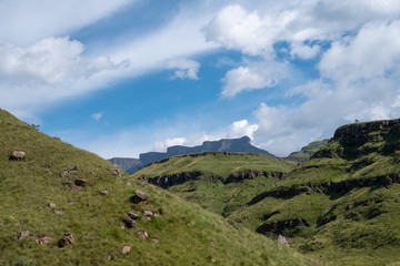 Fototapeta na wymiar View of the Sani Pass which connects Underberg in South Africa to Mokhotlong in Lesotho. The Sani Pass is the highest mountain pass in the world.