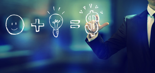 Good idea equals money with a businessman in an office